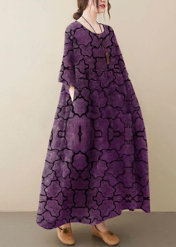 Natural light Yellow O-Neck Pockets Print Summer Sundress