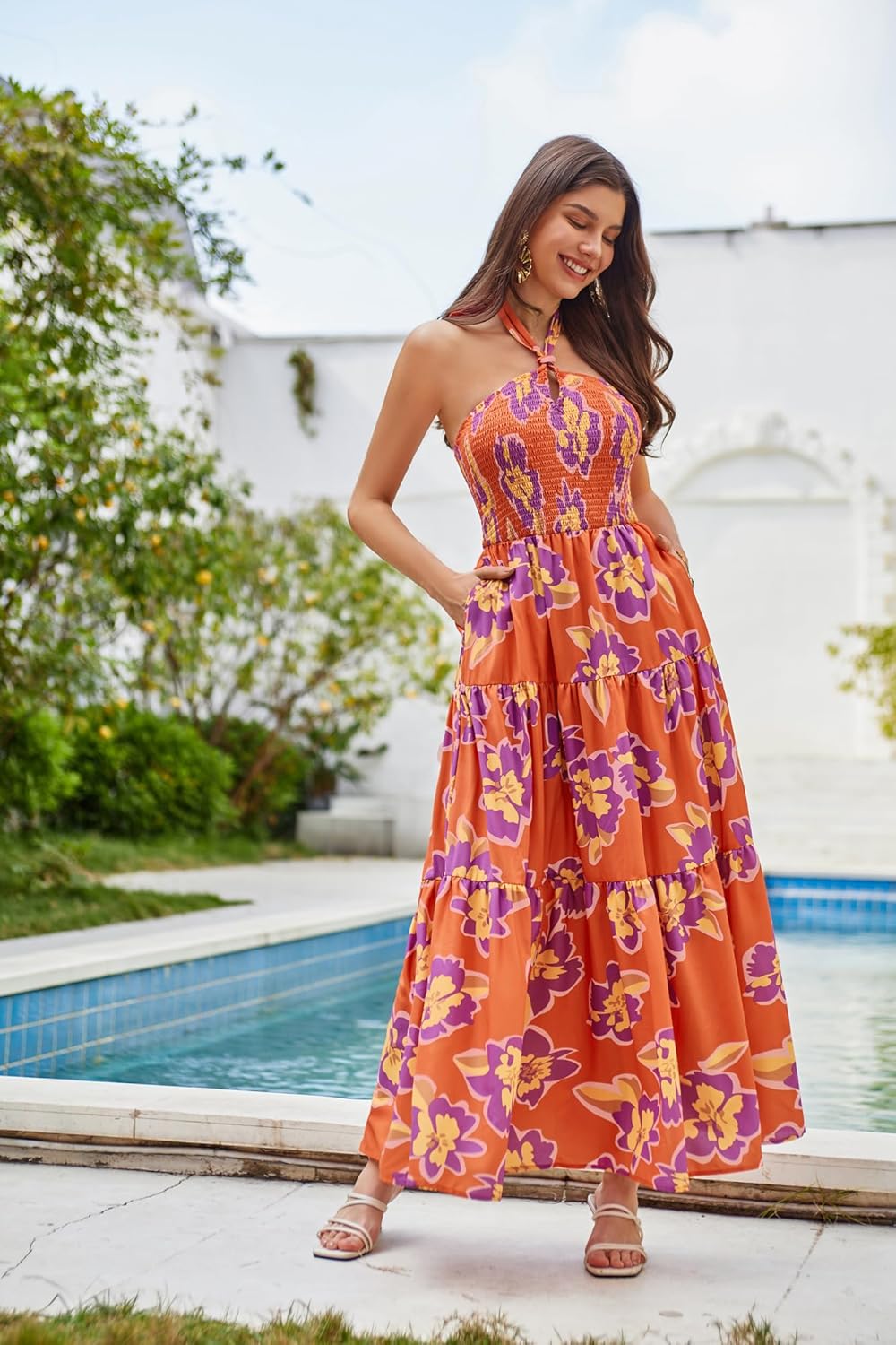GRACE KARIN Women's Summer Dresses 2025 Halter Neck Sleeveless Smocked Backless Cut Out Floral Flowy A Line Maxi Dress