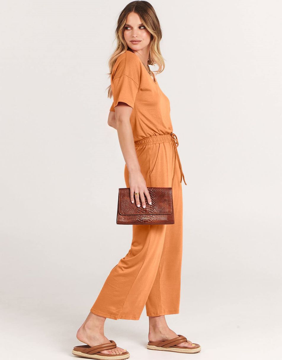 ANRABESS Short Sleeve V Neck Elastic Waist Wide Leg Cropped Pant Jumpsuits Rompers