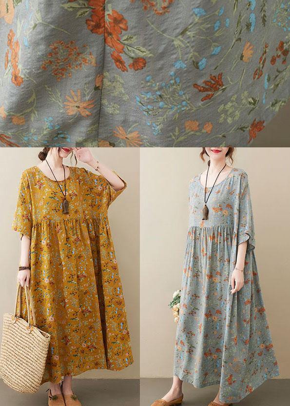 Natural light Yellow O-Neck Pockets Print Summer Sundress