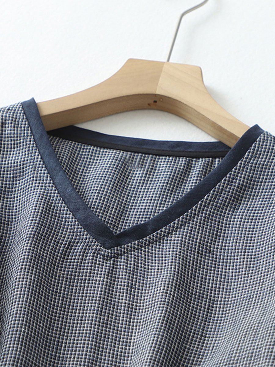 Women's Literary Retro V-neck Plaid Tie Mid-sleeve Dress