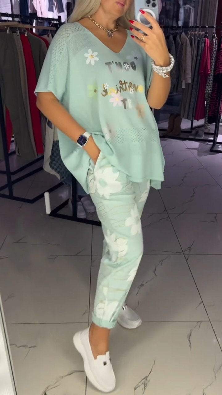 Lace Letter Top and Floral Casual Pants Two-piece Set