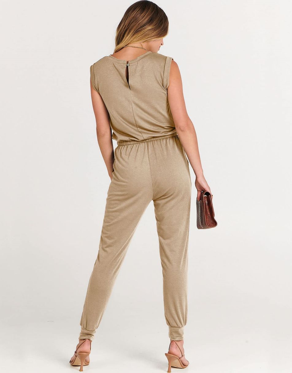ANRABESS Crewneck Sleeveless Stretchy Jumpsuits Rompers with Pockets