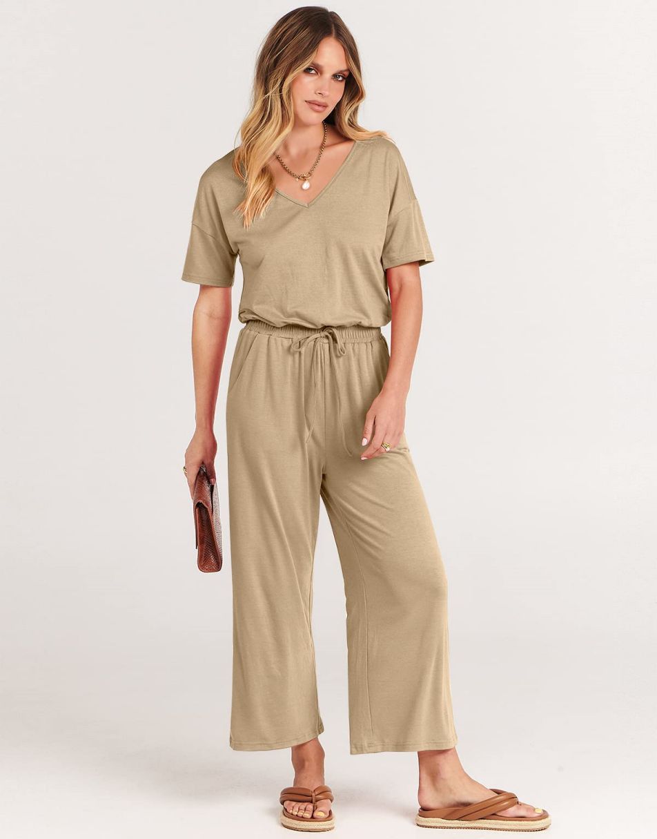ANRABESS Short Sleeve V Neck Elastic Waist Wide Leg Cropped Pant Jumpsuits Rompers