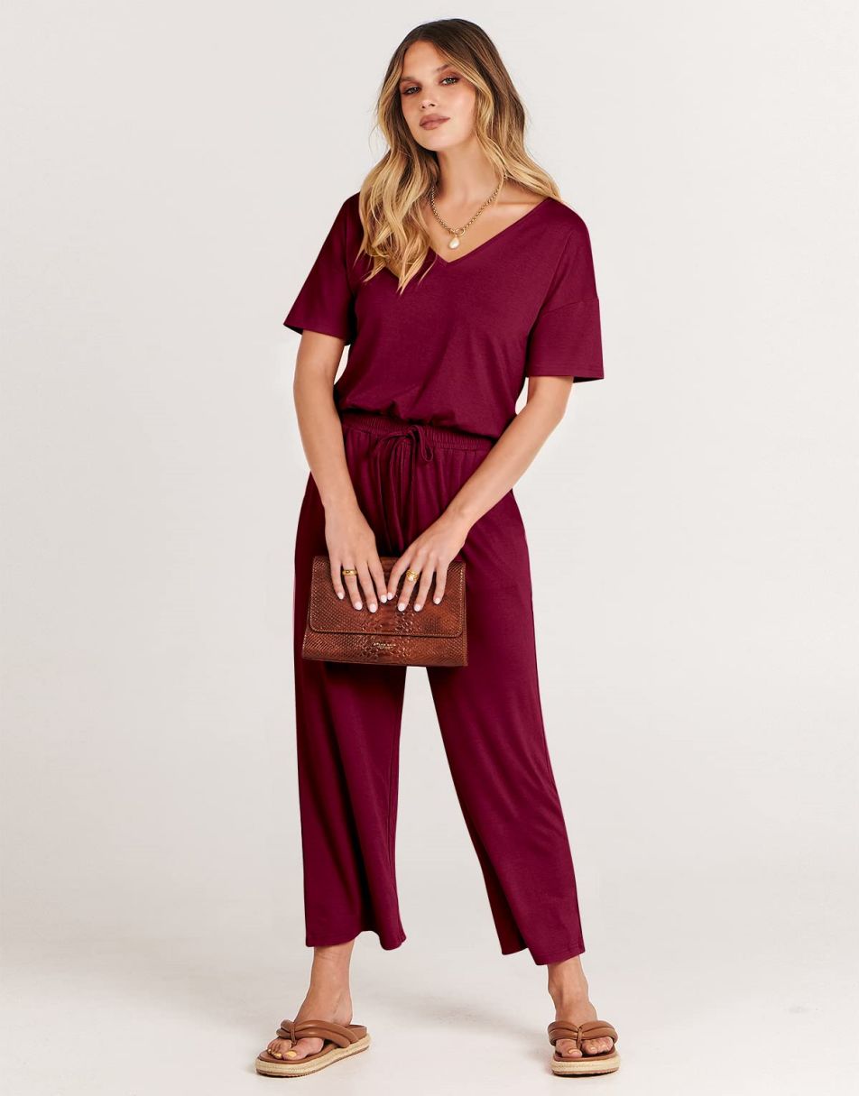 ANRABESS Short Sleeve V Neck Elastic Waist Wide Leg Cropped Pant Jumpsuits Rompers