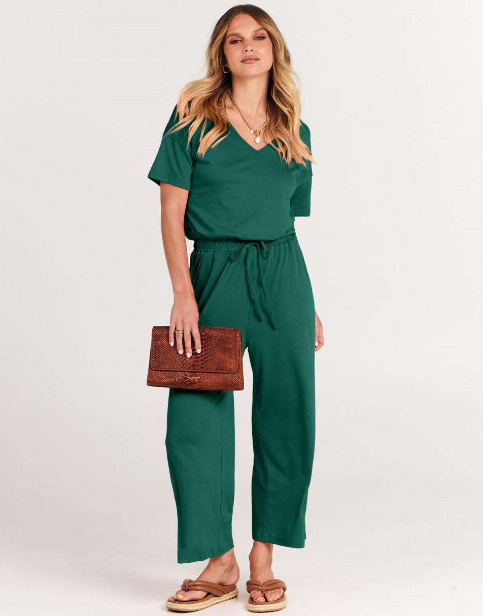 ANRABESS Short Sleeve V Neck Elastic Waist Wide Leg Cropped Pant Jumpsuits Rompers