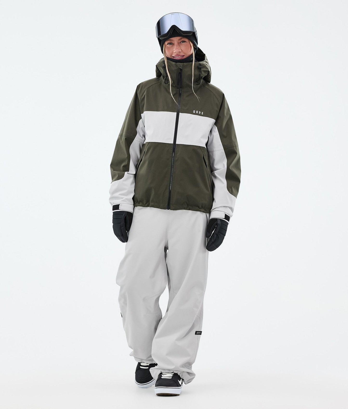 Snowboard Jacket Women Stripe Olive Green/Light Grey