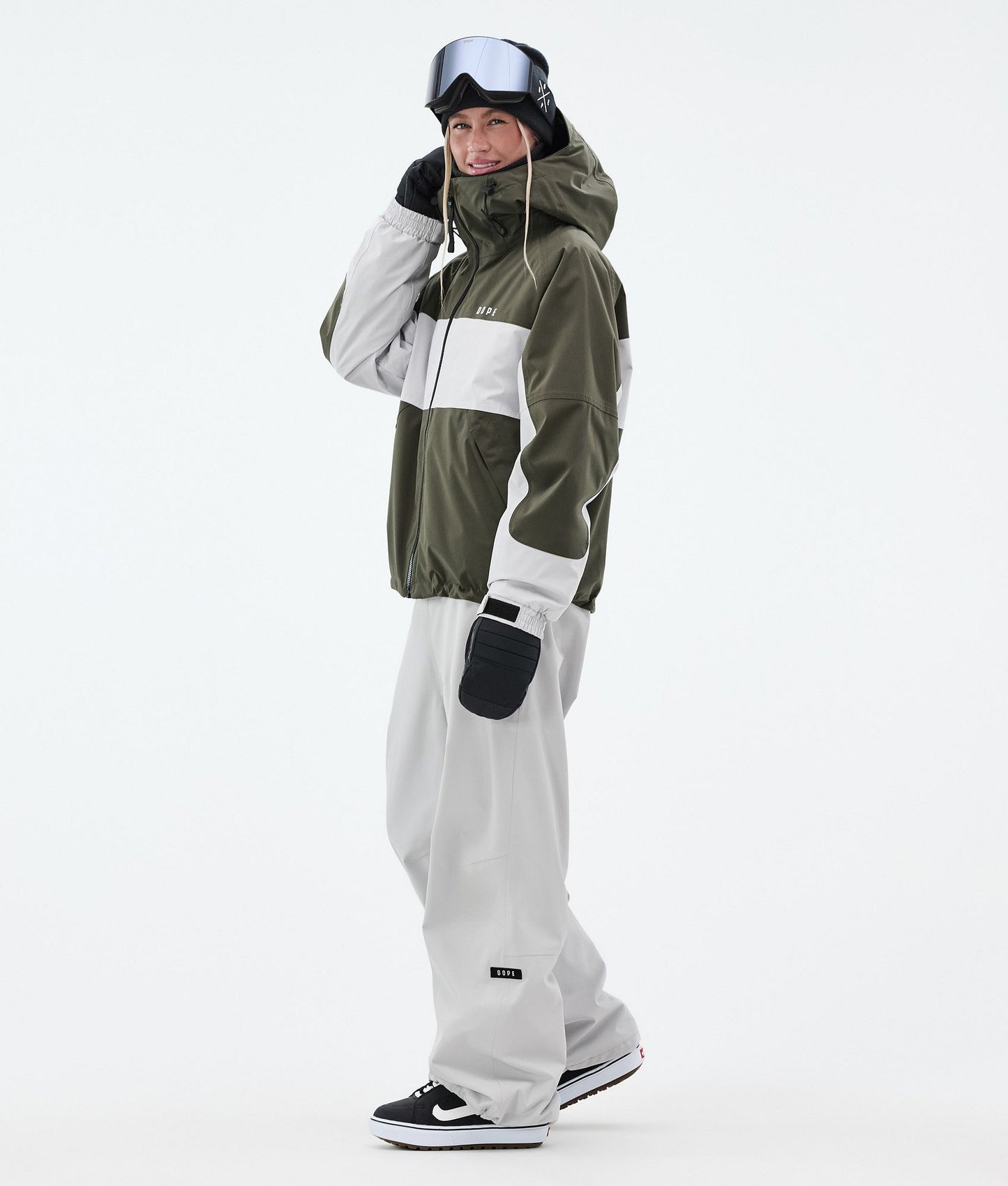 Snowboard Jacket Women Stripe Olive Green/Light Grey